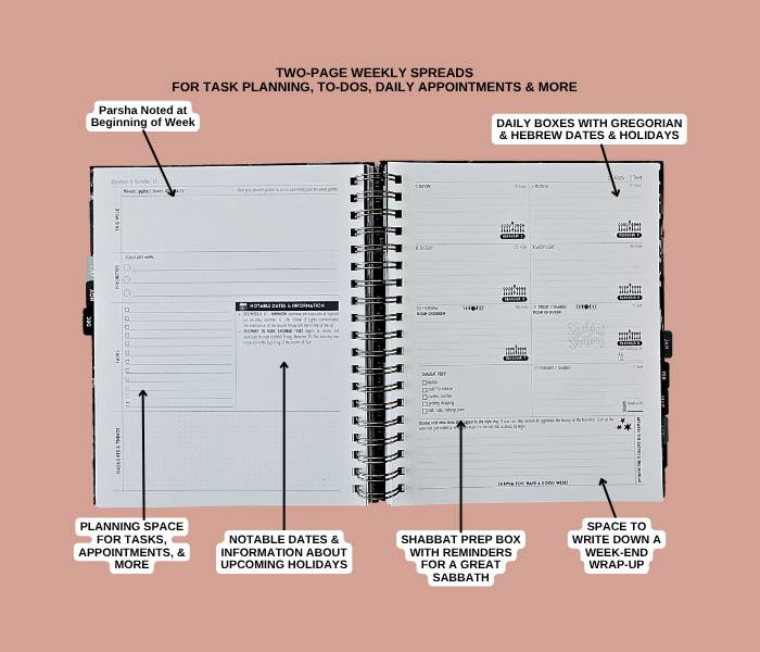 Weekly spread with Torah portion and Shabbat prep